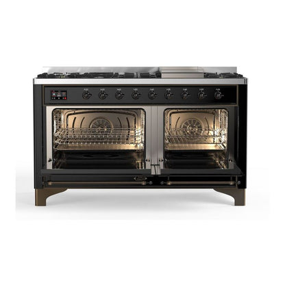 ILVE Majestic II 60 inch Solid Door Natural Gas Dual Fuel Range Chrome Glossy Black
