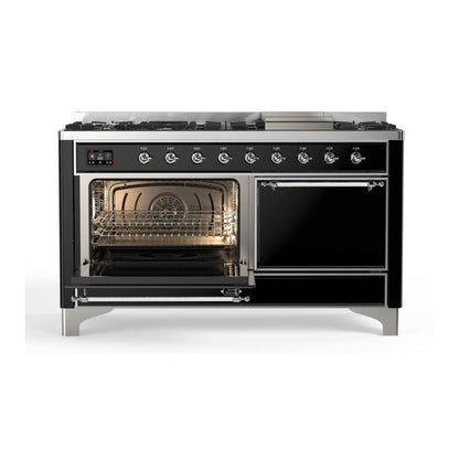 ILVE Majestic II 60 inch Solid Door Natural Gas Dual Fuel Range Chrome Glossy Black