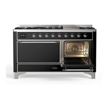 ILVE Majestic II 60 inch Solid Door Natural Gas Dual Fuel Range Chrome Glossy Black