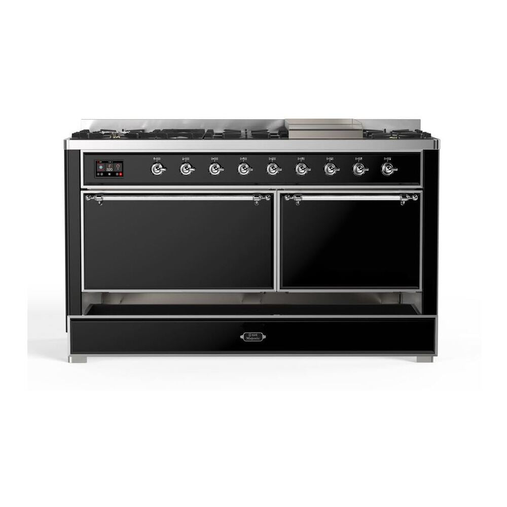 ILVE Majestic II 60 inch Solid Door Natural Gas Dual Fuel Range Chrome Glossy Black