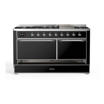 ILVE Majestic II 60 inch Solid Door Natural Gas Dual Fuel Range Chrome Glossy Black