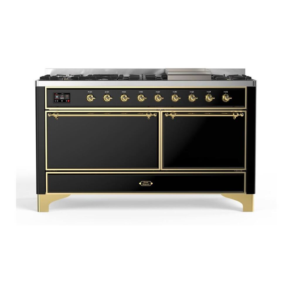 ILVE Majestic II 60 inch Solid Door Natural Gas Dual Fuel Range Brass Glossy Black