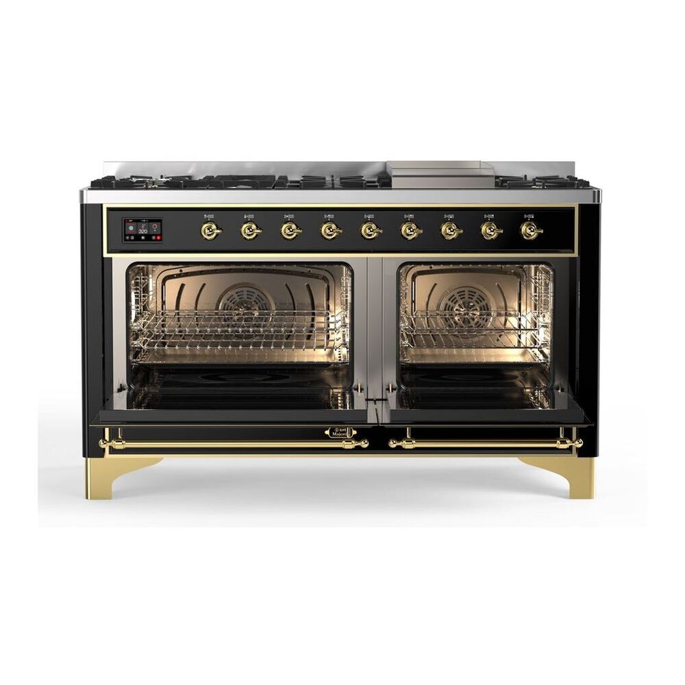 ILVE Majestic II 60 inch Solid Door Natural Gas Dual Fuel Range Brass Glossy Black