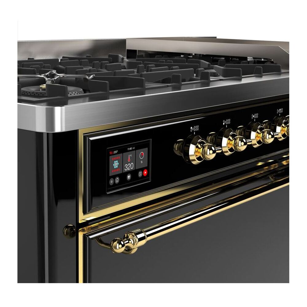 ILVE Majestic II 60 inch Solid Door Natural Gas Dual Fuel Range Brass Glossy Black