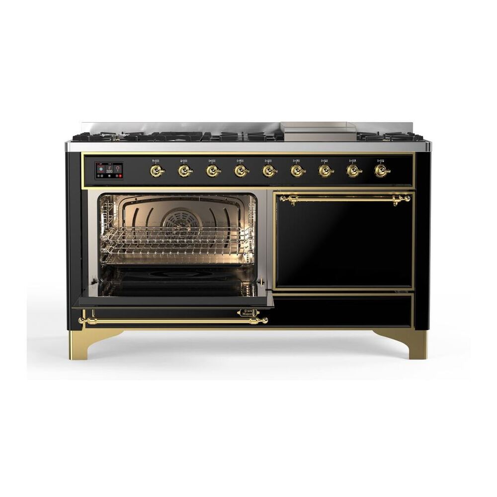 ILVE Majestic II 60 inch Solid Door Natural Gas Dual Fuel Range Brass Glossy Black