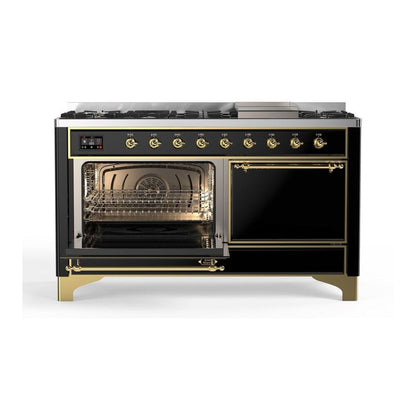 ILVE Majestic II 60 inch Solid Door Natural Gas Dual Fuel Range Brass Glossy Black