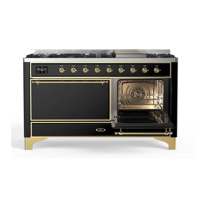 ILVE Majestic II 60 inch Solid Door Natural Gas Dual Fuel Range Brass Glossy Black