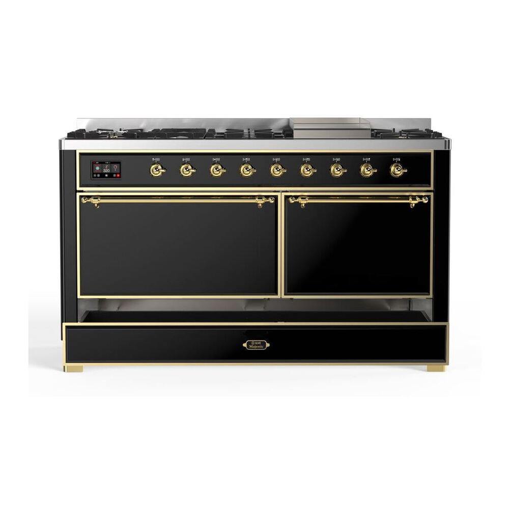 ILVE Majestic II 60 inch Solid Door Natural Gas Dual Fuel Range Brass Glossy Black