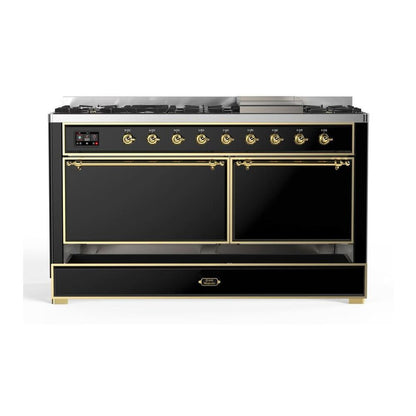 ILVE Majestic II 60 inch Solid Door Natural Gas Dual Fuel Range Brass Glossy Black