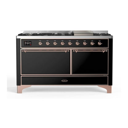 ILVE Majestic II 60 inch Solid Door Natural Gas Dual Fuel Range Copper Glossy Black