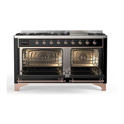 ILVE Majestic II 60 inch Solid Door Natural Gas Dual Fuel Range Copper Glossy Black