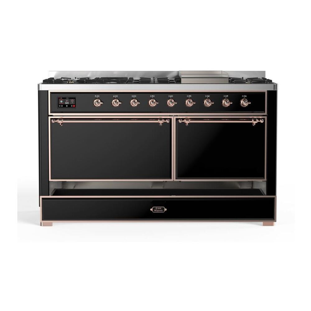 ILVE Majestic II 60 inch Solid Door Natural Gas Dual Fuel Range Copper Glossy Black