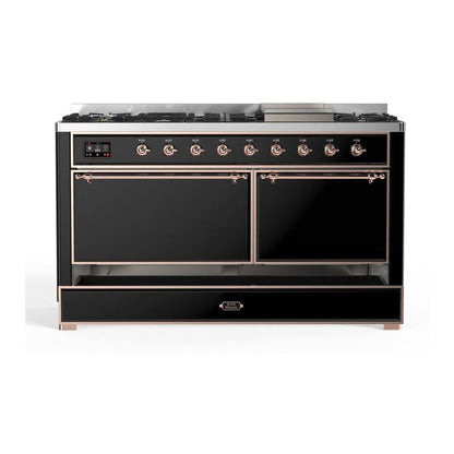 ILVE Majestic II 60 inch Solid Door Natural Gas Dual Fuel Range Copper Glossy Black