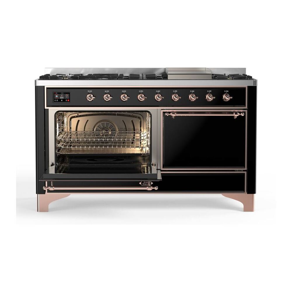 ILVE Majestic II 60 inch Solid Door Natural Gas Dual Fuel Range Copper Glossy Black