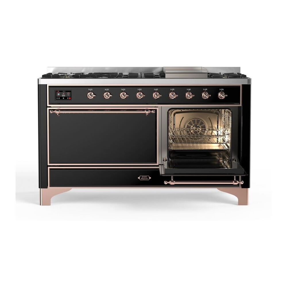 ILVE Majestic II 60 inch Solid Door Natural Gas Dual Fuel Range Copper Glossy Black