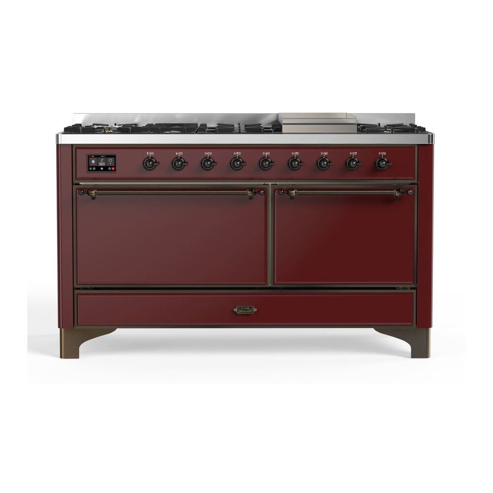 ILVE Majestic II 60" Burgundy Dual Fuel Range with 9 Burners and Griddle Solid Door Liquid Propane