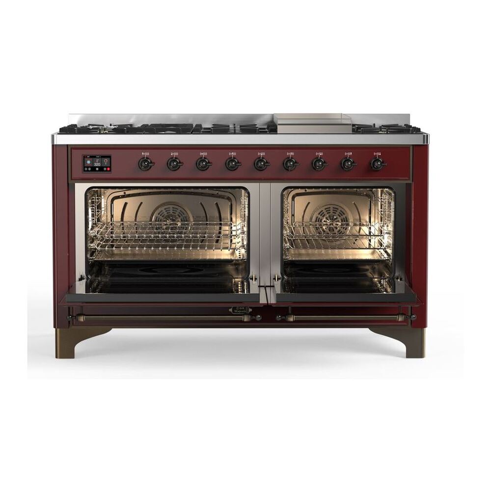 ILVE Majestic II 60" Burgundy Dual Fuel Range with 9 Burners and Griddle Solid Door Liquid Propane