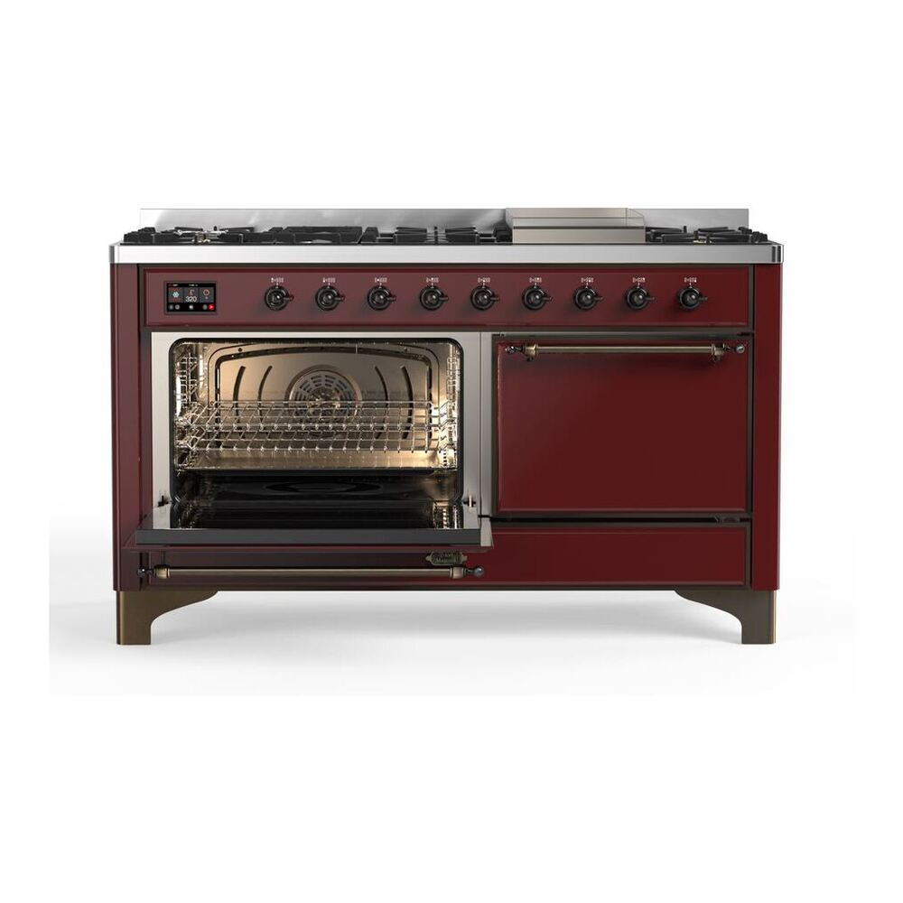 ILVE Majestic II 60" Burgundy Dual Fuel Range with 9 Burners and Griddle Solid Door Liquid Propane