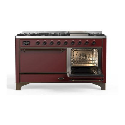 ILVE Majestic II 60" Burgundy Dual Fuel Range with 9 Burners and Griddle Solid Door Liquid Propane