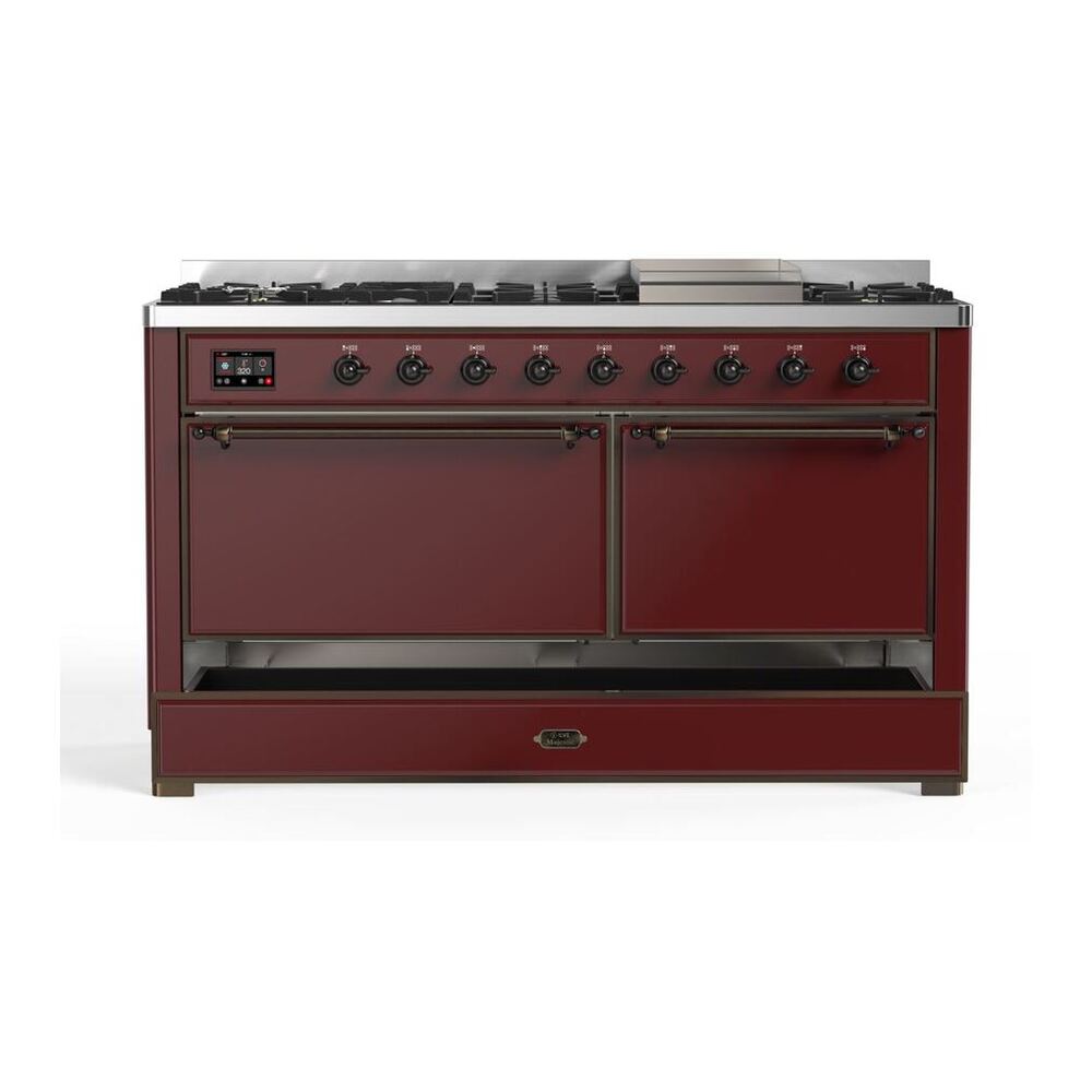 ILVE Majestic II 60" Burgundy Dual Fuel Range with 9 Burners and Griddle Solid Door Liquid Propane