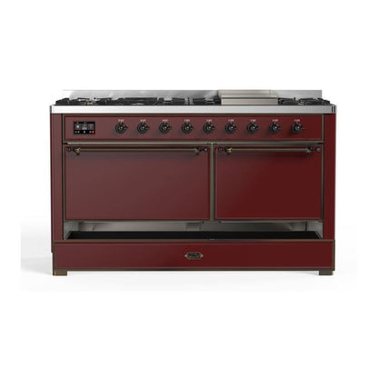 ILVE Majestic II 60" Burgundy Dual Fuel Range with 9 Burners and Griddle Solid Door Liquid Propane