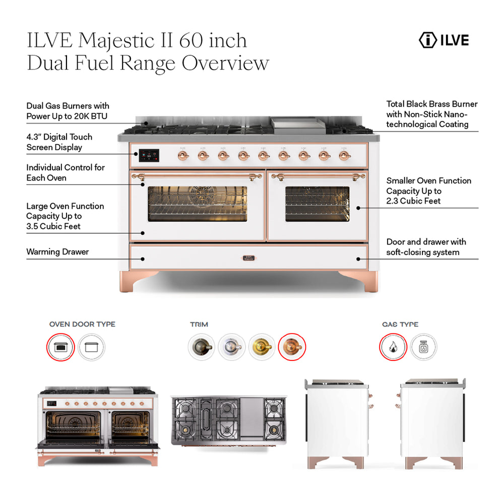 ILVE Majestic II 60" Burgundy Dual Fuel Range with 9 Burners and Griddle Solid Door Liquid Propane