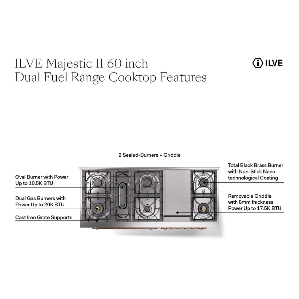 ILVE Majestic II 60" Burgundy Dual Fuel Range with 9 Burners and Griddle Solid Door Liquid Propane