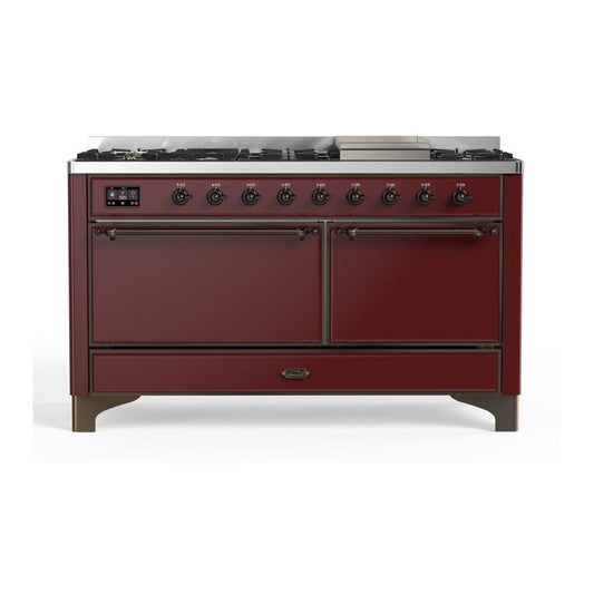ILVE Majestic II 60" Burgundy Dual Fuel Range with 9 Burners and Griddle Solid Door Natural Gas