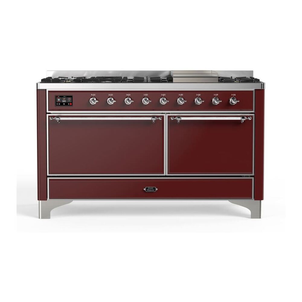 ILVE Majestic II 60" Burgundy Dual Fuel Range with 9 Burners and Griddle Solid Door Liquid Propane