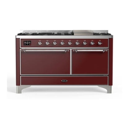 ILVE Majestic II 60" Burgundy Dual Fuel Range with 9 Burners and Griddle Solid Door Liquid Propane