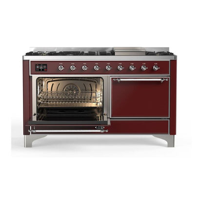 ILVE Majestic II 60 inch Solid Door Natural Gas Dual Fuel Range Chrome Burgundy
