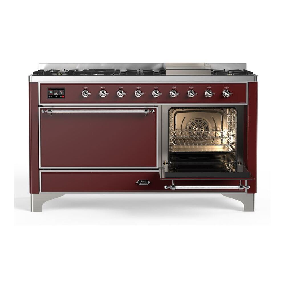 ILVE Majestic II 60 inch Solid Door Natural Gas Dual Fuel Range Chrome Burgundy