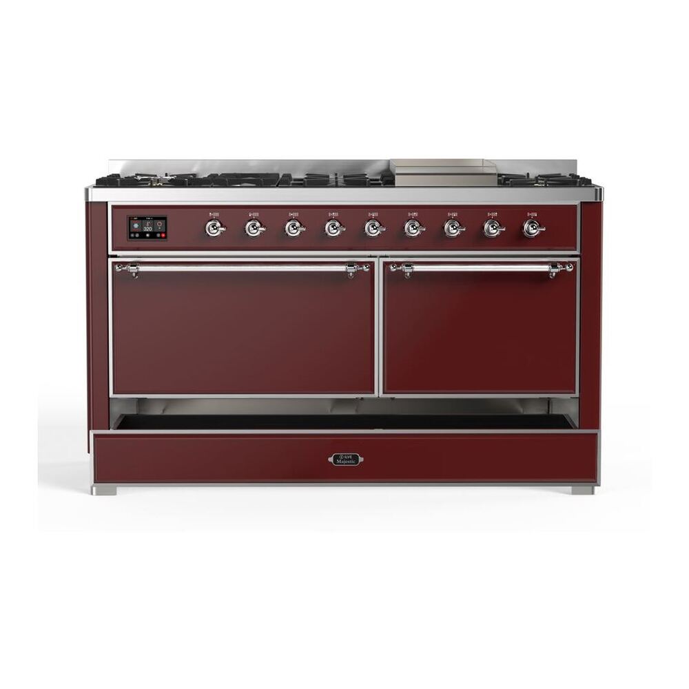 ILVE Majestic II 60 inch Solid Door Natural Gas Dual Fuel Range Chrome Burgundy