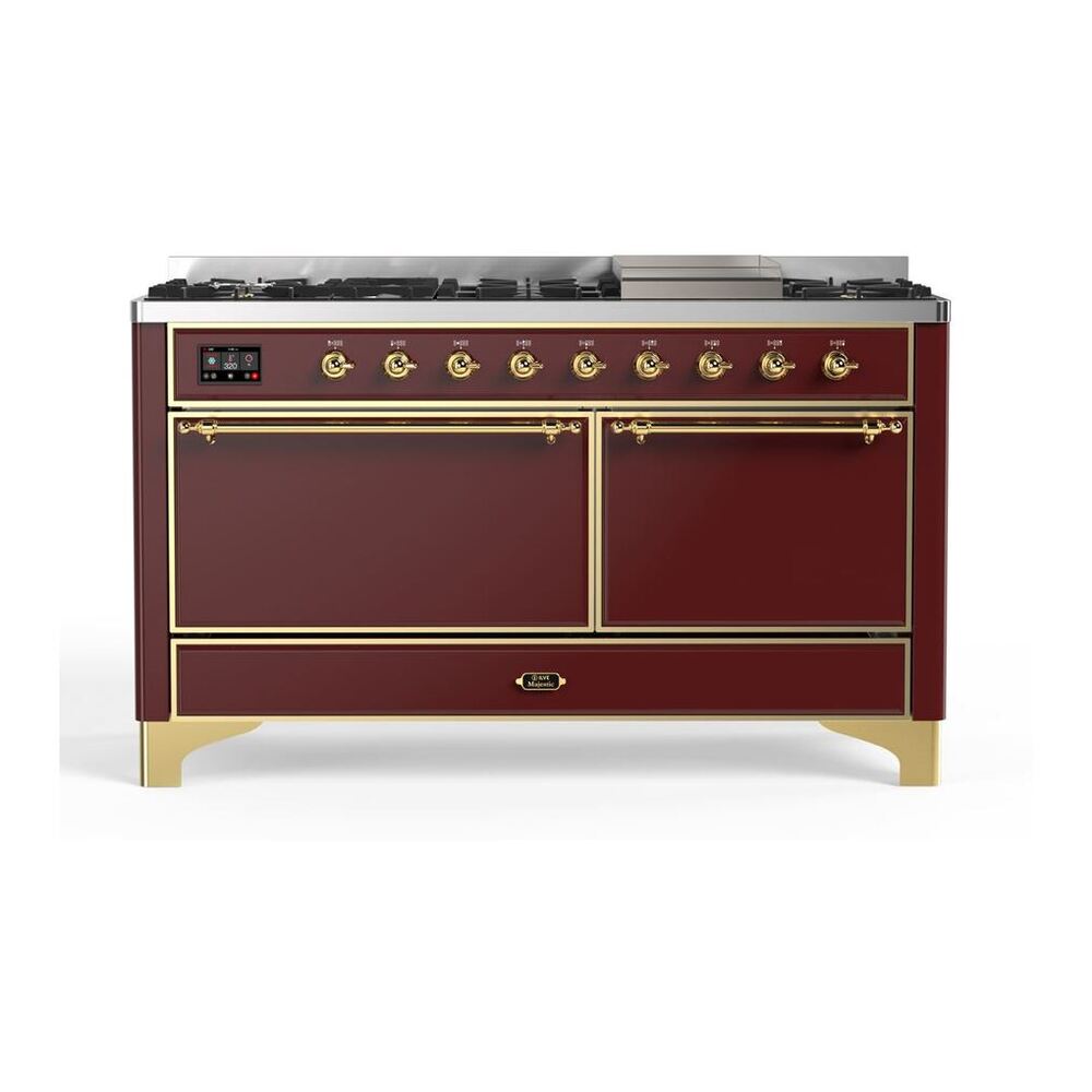 ILVE Majestic II 60" Burgundy Dual Fuel Range with 9 Burners and Griddle Solid Door Liquid Propane