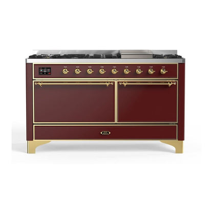 ILVE Majestic II 60" Burgundy Dual Fuel Range with 9 Burners and Griddle Solid Door Liquid Propane