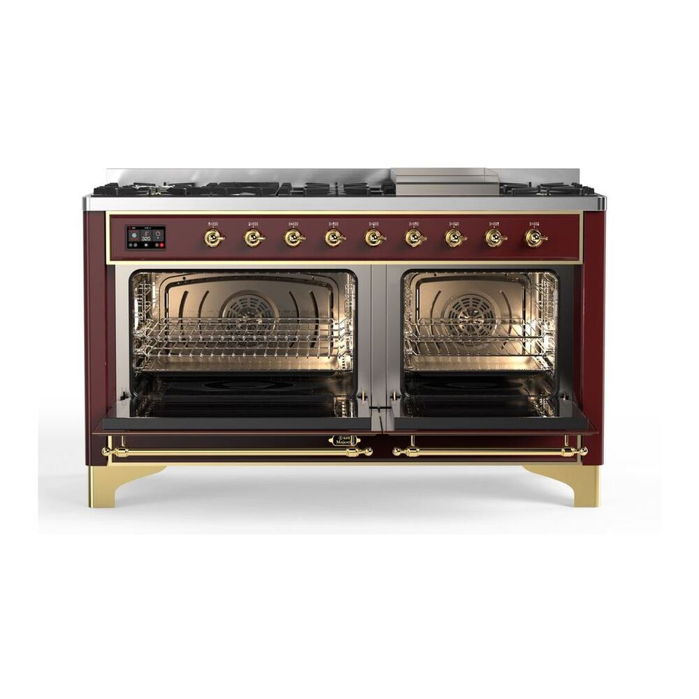 ILVE Majestic II 60 inch Solid Door Natural Gas Dual Fuel Range Brass Burgundy