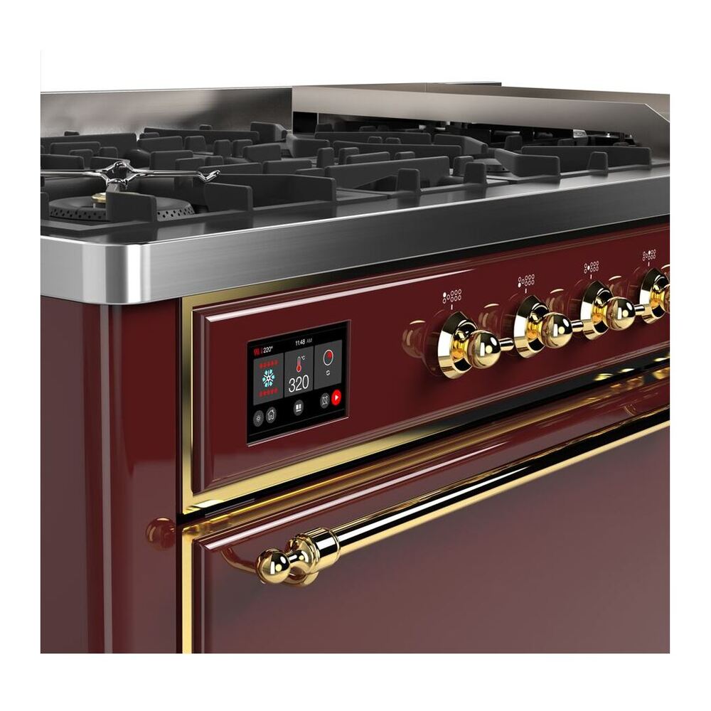 ILVE Majestic II 60 inch Solid Door Natural Gas Dual Fuel Range Brass Burgundy