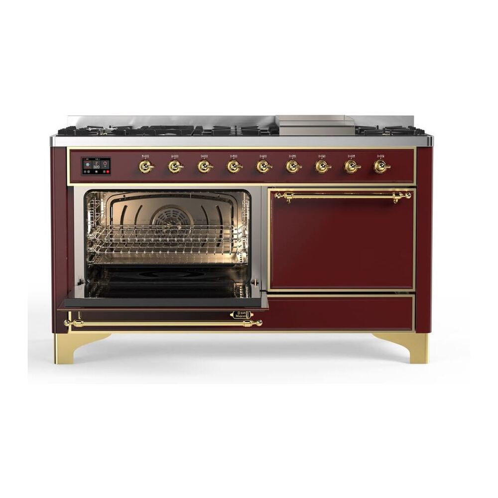 ILVE Majestic II 60 inch Solid Door Natural Gas Dual Fuel Range Brass Burgundy