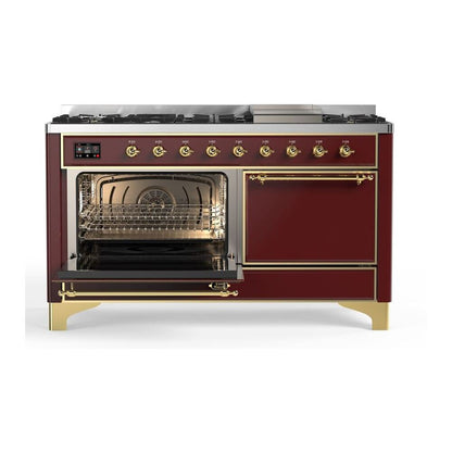 ILVE Majestic II 60 inch Solid Door Natural Gas Dual Fuel Range Brass Burgundy