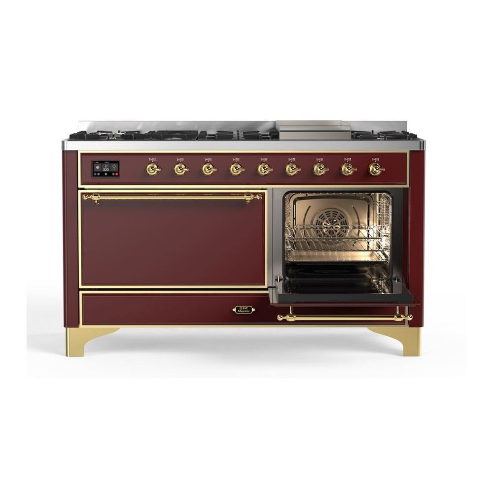 ILVE Majestic II 60 inch Solid Door Natural Gas Dual Fuel Range Brass Burgundy