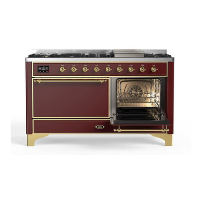 ILVE Majestic II 60 inch Solid Door Natural Gas Dual Fuel Range Brass Burgundy