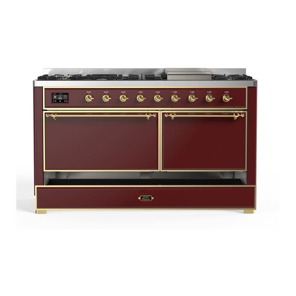 ILVE Majestic II 60 inch Solid Door Natural Gas Dual Fuel Range Brass Burgundy