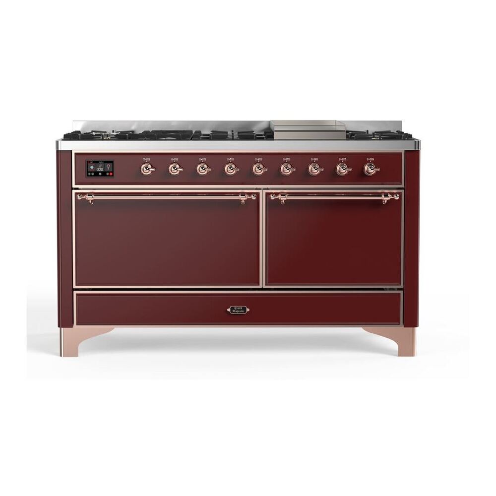ILVE Majestic II 60" Burgundy Dual Fuel Range with 9 Burners and Griddle Solid Door Liquid Propane