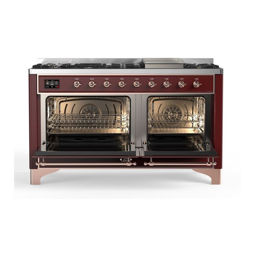 ILVE Majestic II 60 inch Solid Door Natural Gas Dual Fuel Range Copper Burgundy