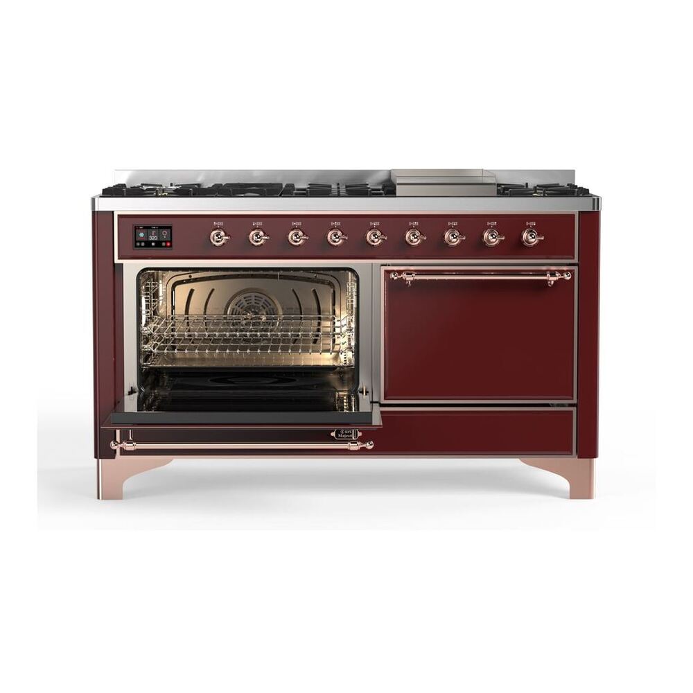 ILVE Majestic II 60 inch Solid Door Natural Gas Dual Fuel Range Copper Burgundy