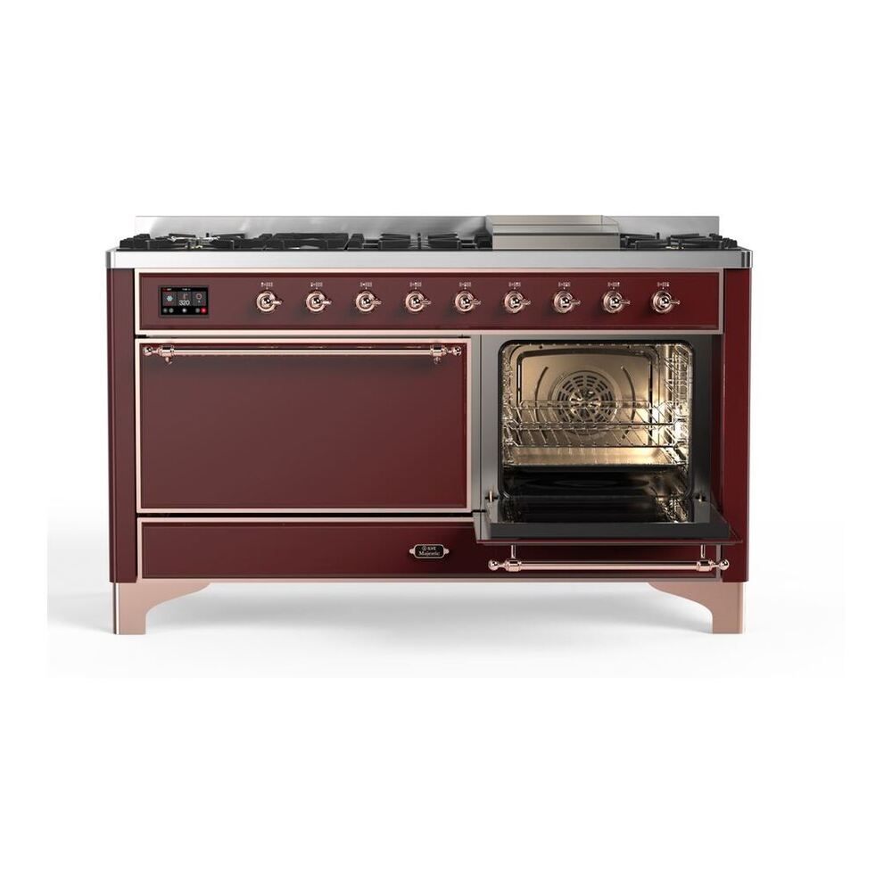 ILVE Majestic II 60 inch Solid Door Natural Gas Dual Fuel Range Copper Burgundy