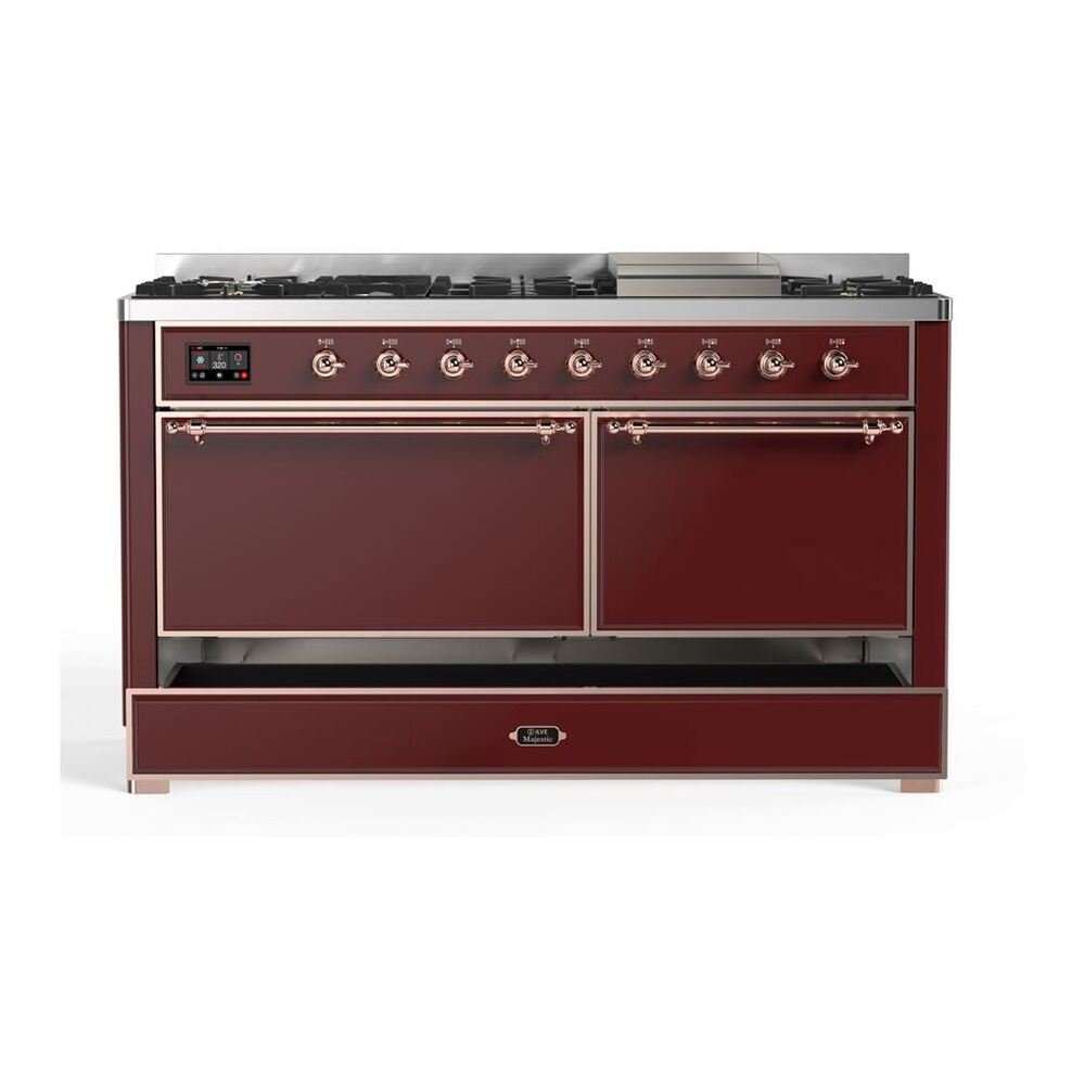 ILVE Majestic II 60 inch Solid Door Natural Gas Dual Fuel Range Copper Burgundy