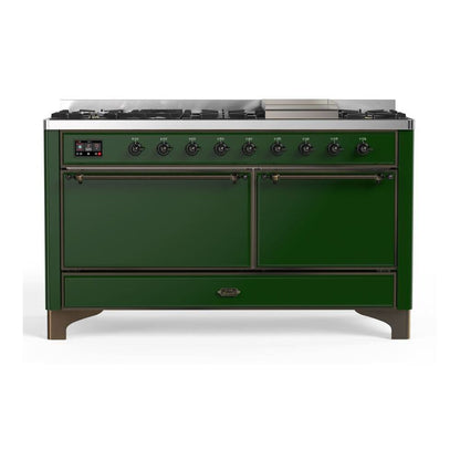 ILVE Majestic II 60 inch Solid Door Natural Gas Dual Fuel Range Burnished Emerald Green