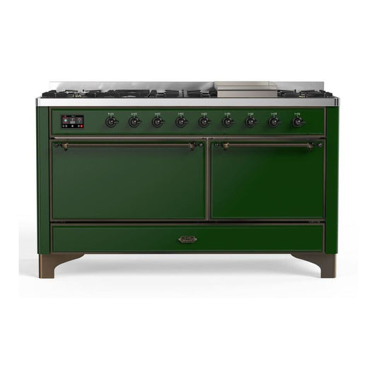 ILVE Majestic II 60" Emerald Green Dual Fuel Range with 9 Burners and Griddle Solid Door Natural Gas
