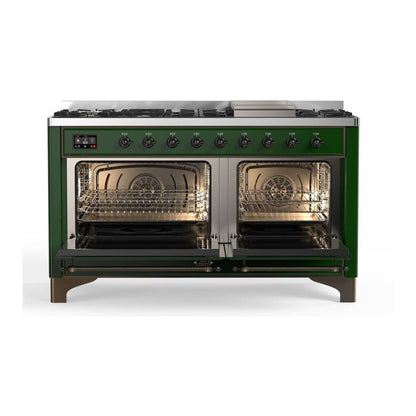 ILVE Majestic II 60 inch Solid Door Natural Gas Dual Fuel Range Burnished Emerald Green